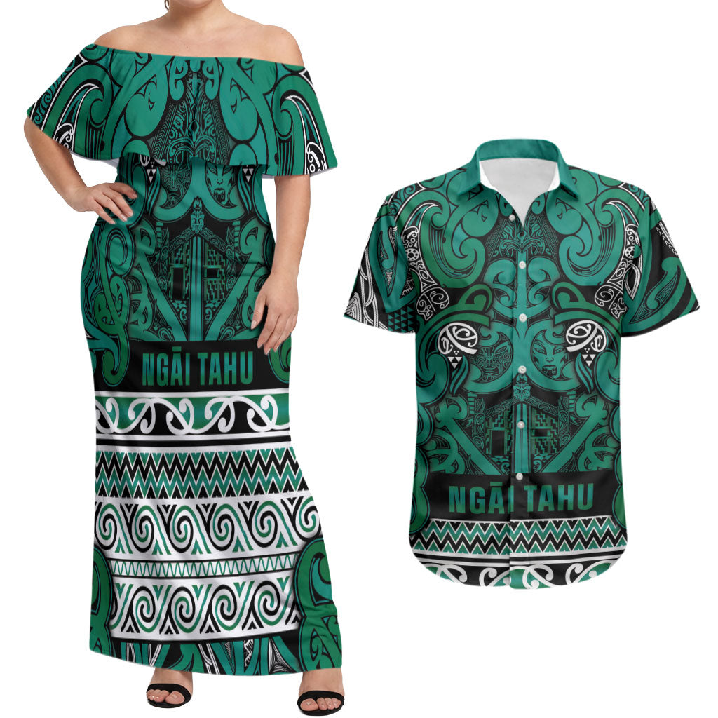 Aotearoa Iwi Ngai Tahu Couples Matching Off Shoulder Maxi Dress and Hawaiian Shirt Maori Wharenui House Tribal Pattern LT9 Turquoise - Polynesian Pride