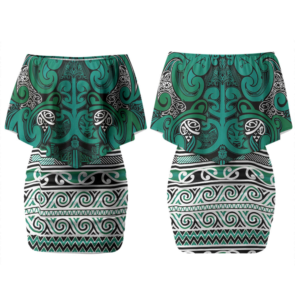 Aotearoa Iwi Ngai Tahu Couples Matching Off Shoulder Short Dress and Long Sleeve Button Shirt Maori Wharenui House Tribal Pattern LT9 - Polynesian Pride