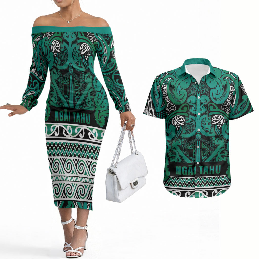 Aotearoa Iwi Ngai Tahu Couples Matching Off The Shoulder Long Sleeve Dress and Hawaiian Shirt Maori Wharenui House Tribal Pattern LT9 Turquoise - Polynesian Pride