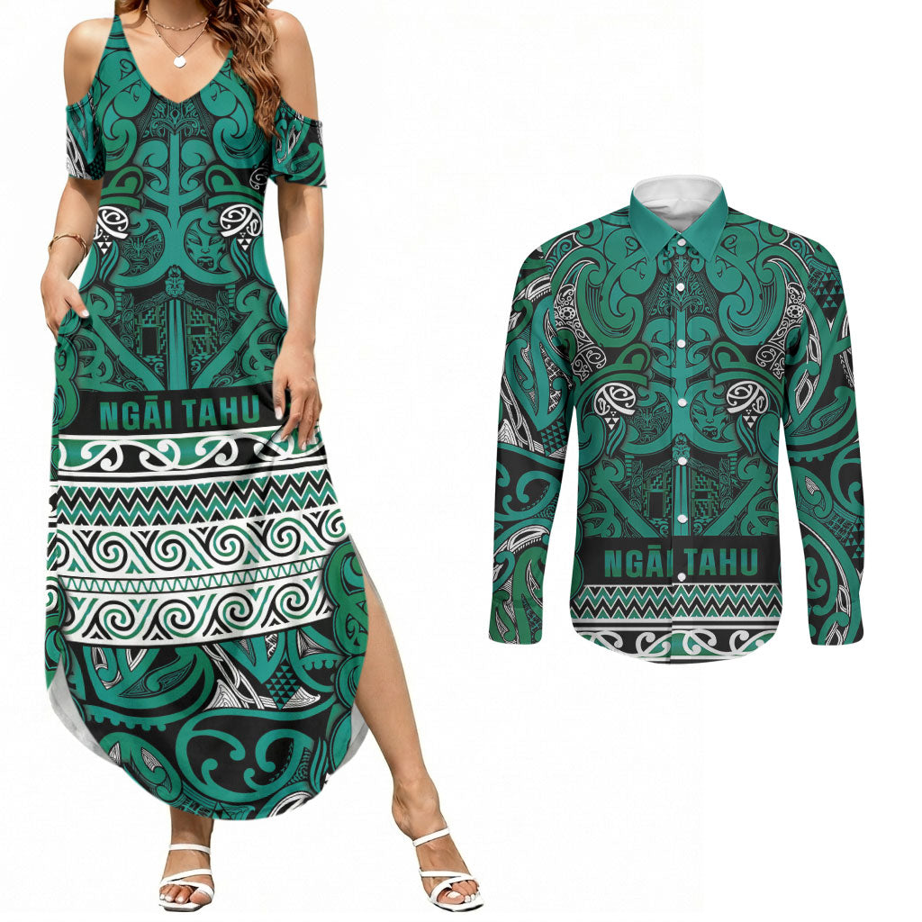 Aotearoa Iwi Ngai Tahu Couples Matching Summer Maxi Dress and Long Sleeve Button Shirt Maori Wharenui House Tribal Pattern LT9 Turquoise - Polynesian Pride