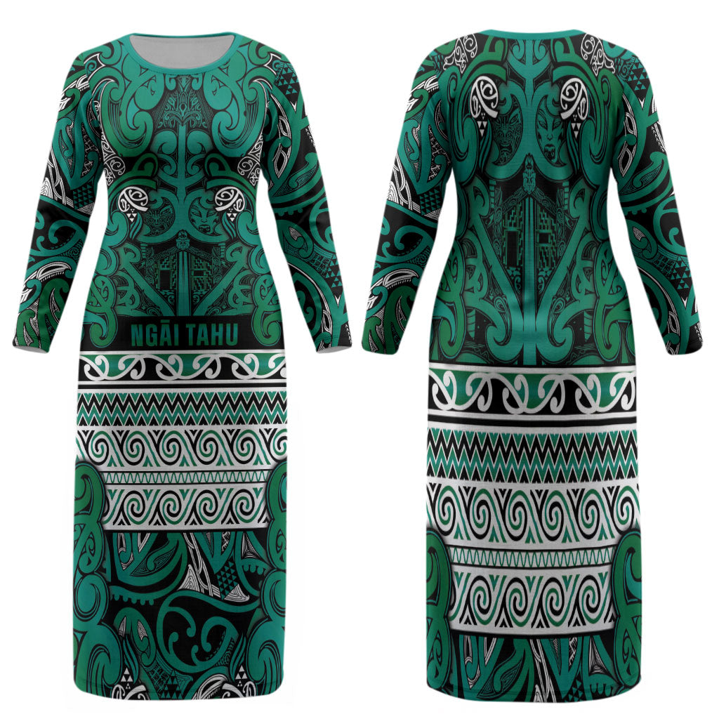 Aotearoa Iwi Ngai Tahu Family Matching Long Sleeve Bodycon Dress and Hawaiian Shirt Maori Wharenui House Tribal Pattern LT9 Mom's Dress Turquoise - Polynesian Pride