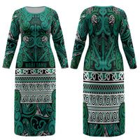 Aotearoa Iwi Ngai Tahu Family Matching Long Sleeve Bodycon Dress and Hawaiian Shirt Maori Wharenui House Tribal Pattern LT9 Mom's Dress Turquoise - Polynesian Pride