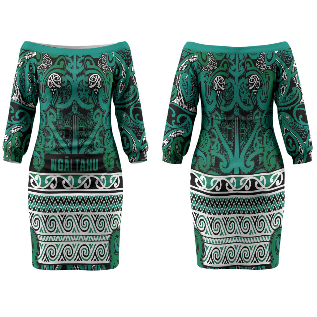 Aotearoa Iwi Ngai Tahu Family Matching Off The Shoulder Long Sleeve Dress and Hawaiian Shirt Maori Wharenui House Tribal Pattern LT9 Mom's Dress Turquoise - Polynesian Pride