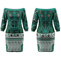 Aotearoa Iwi Ngai Tahu Family Matching Off The Shoulder Long Sleeve Dress and Hawaiian Shirt Maori Wharenui House Tribal Pattern LT9 Mom's Dress Turquoise - Polynesian Pride