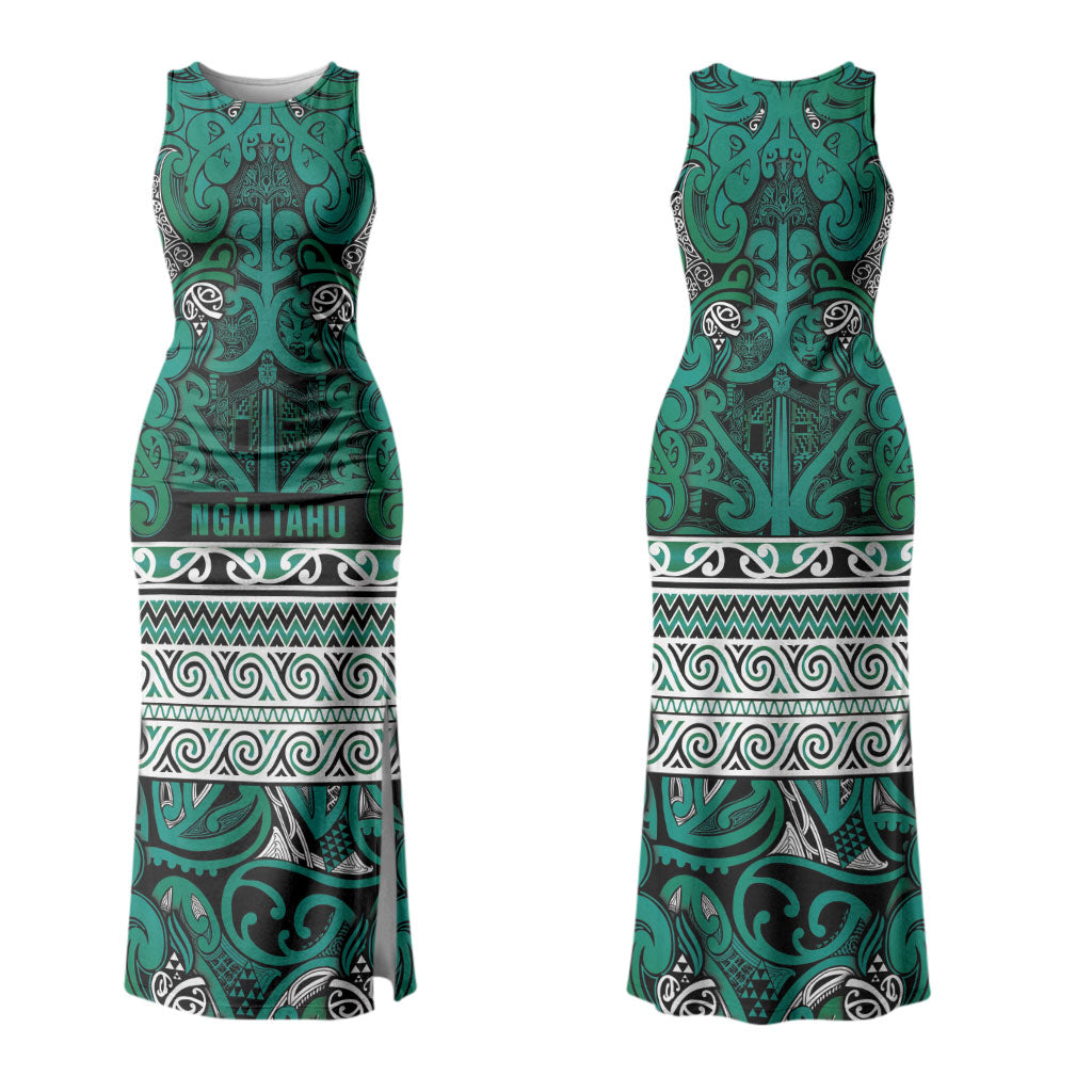 Aotearoa Iwi Ngai Tahu Family Matching Tank Maxi Dress and Hawaiian Shirt Maori Wharenui House Tribal Pattern LT9 Mom's Dress Turquoise - Polynesian Pride