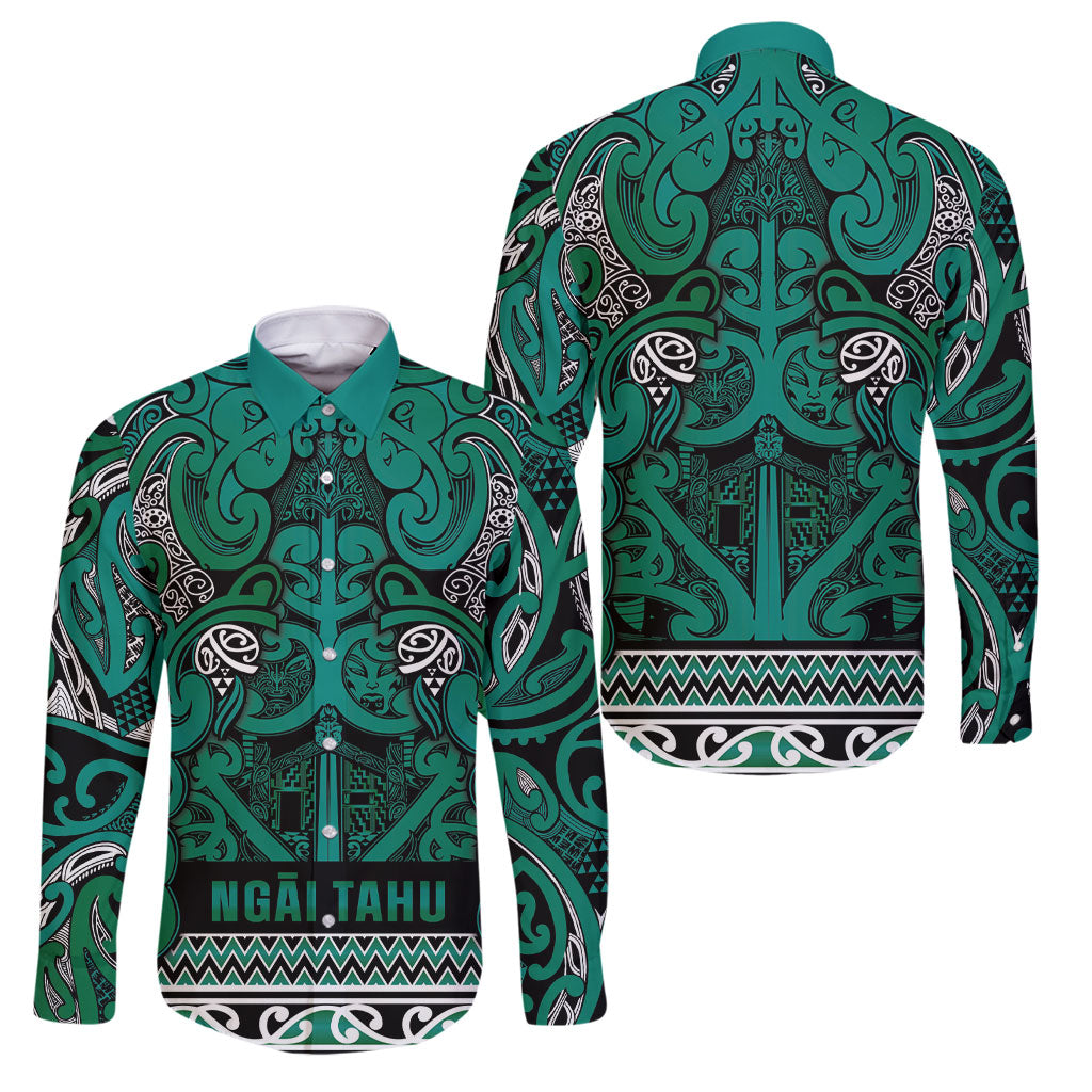 Aotearoa Iwi Ngai Tahu Family Matching Tank Maxi Dress and Hawaiian Shirt Maori Wharenui House Tribal Pattern LT9 Dad's Shirt - Long Sleeve Turquoise - Polynesian Pride