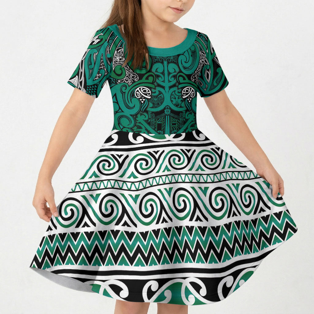 Aotearoa Iwi Ngai Tahu Kid Short Sleeve Dress Maori Wharenui House Tribal Pattern LT9 KID Turquoise - Polynesian Pride