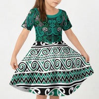Aotearoa Iwi Ngai Tahu Kid Short Sleeve Dress Maori Wharenui House Tribal Pattern LT9 KID Turquoise - Polynesian Pride
