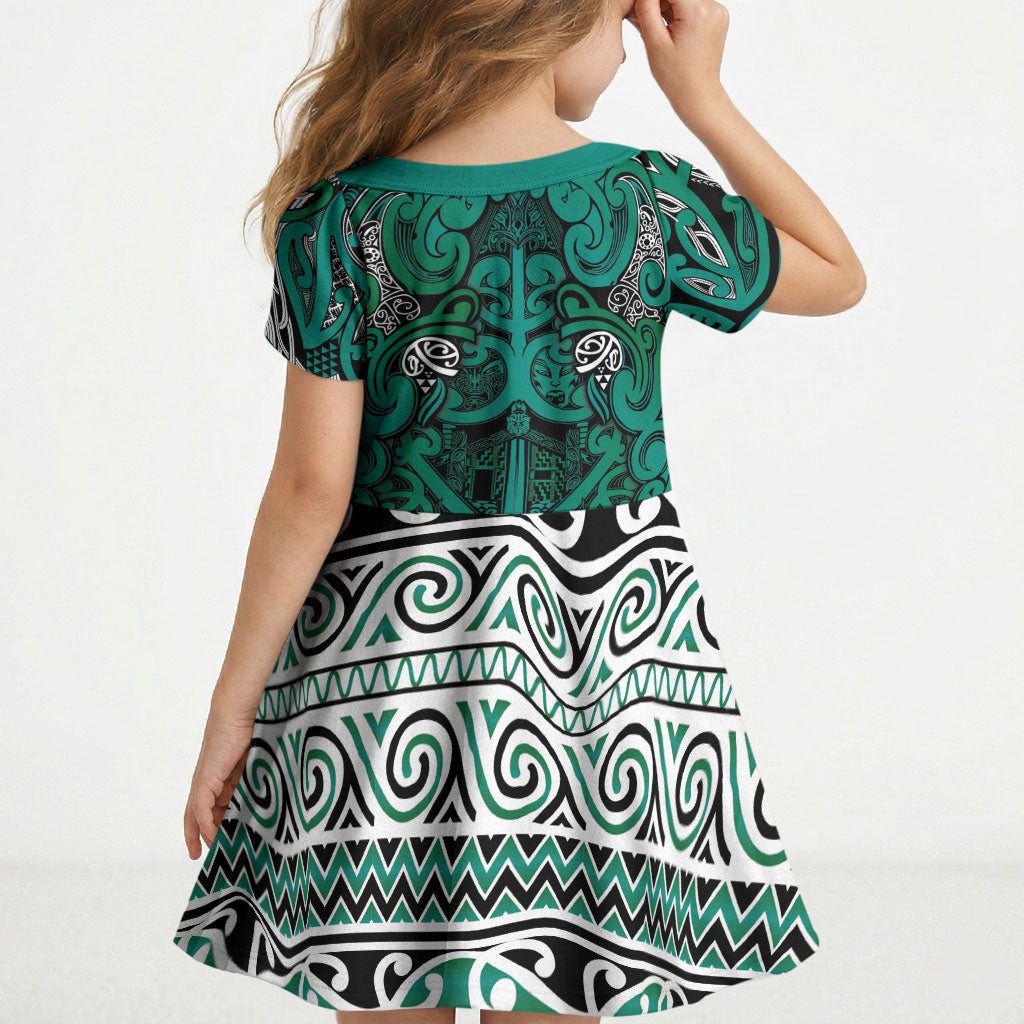 Aotearoa Iwi Ngai Tahu Kid Short Sleeve Dress Maori Wharenui House Tribal Pattern LT9 - Polynesian Pride
