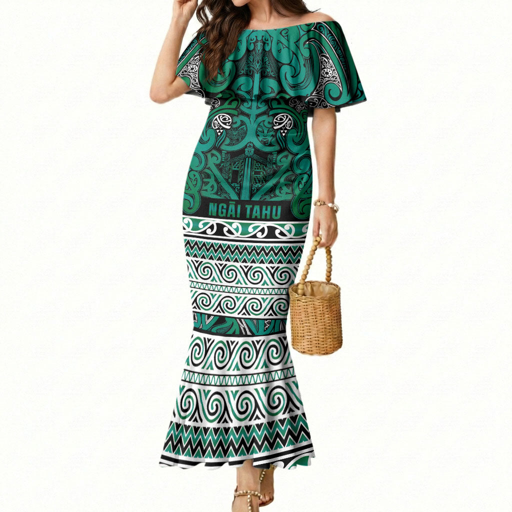 Aotearoa Iwi Ngai Tahu Mermaid Dress Maori Wharenui House Tribal Pattern LT9 Women Turquoise - Polynesian Pride
