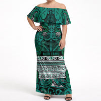 Aotearoa Iwi Ngai Tahu Off Shoulder Maxi Dress Maori Wharenui House Tribal Pattern LT9 Women Turquoise - Polynesian Pride