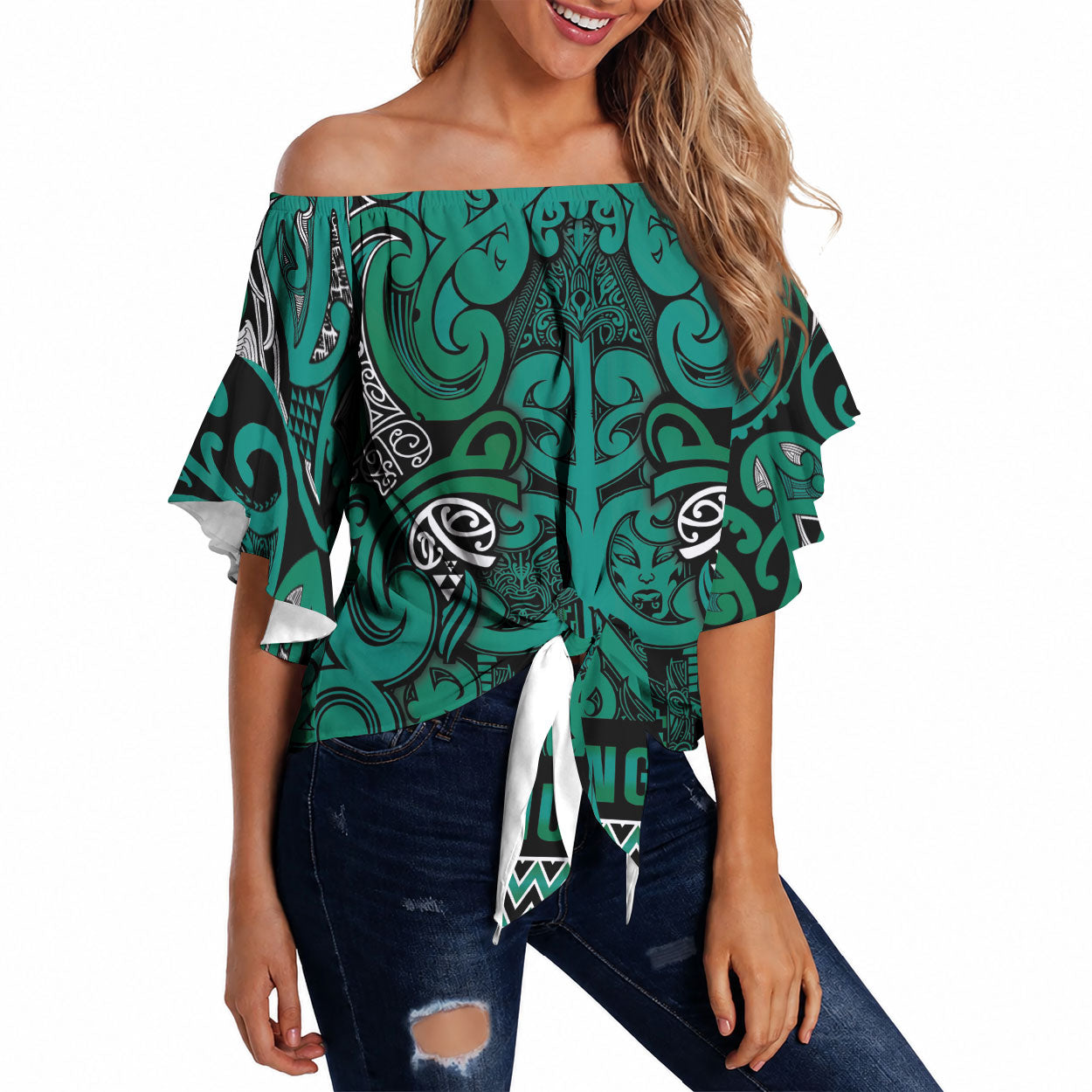 Aotearoa Iwi Ngai Tahu Off Shoulder Wrap Waist Top Maori Wharenui House Tribal Pattern LT9 Turquoise - Polynesian Pride