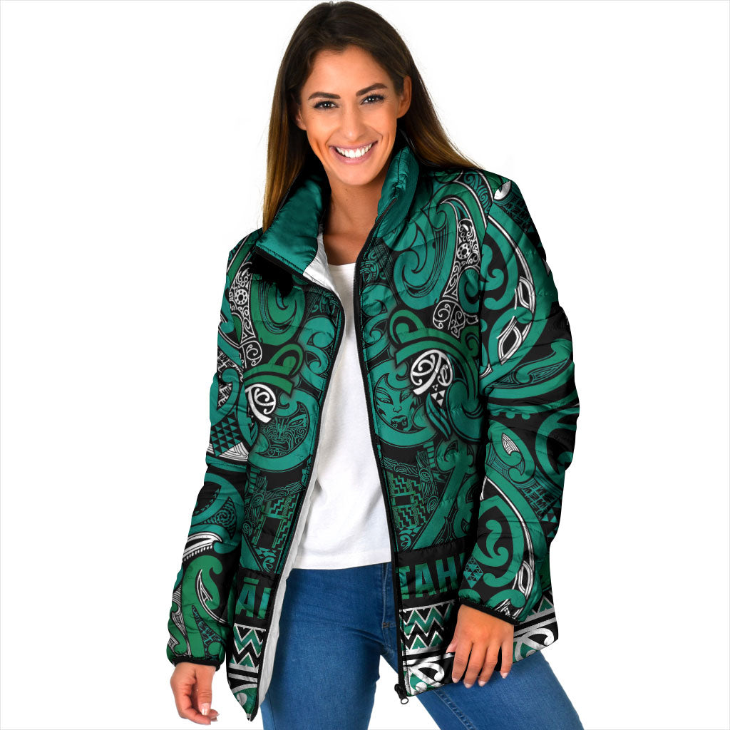 Aotearoa Iwi Ngai Tahu Padded Jacket Maori Wharenui House Tribal Pattern LT9 Women Turquoise - Polynesian Pride