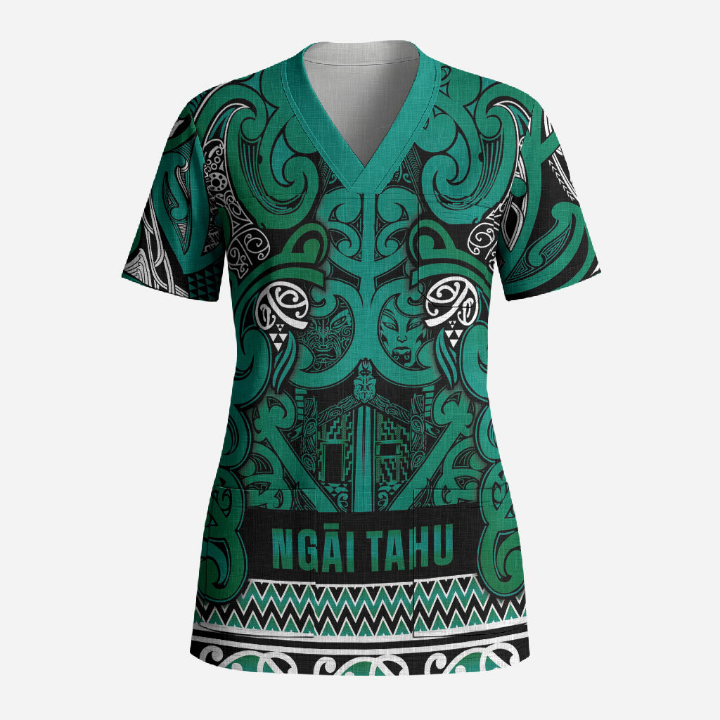 Aotearoa Iwi Ngai Tahu Scrub Top Maori Wharenui House Tribal Pattern LT9 Adult Turquoise - Polynesian Pride