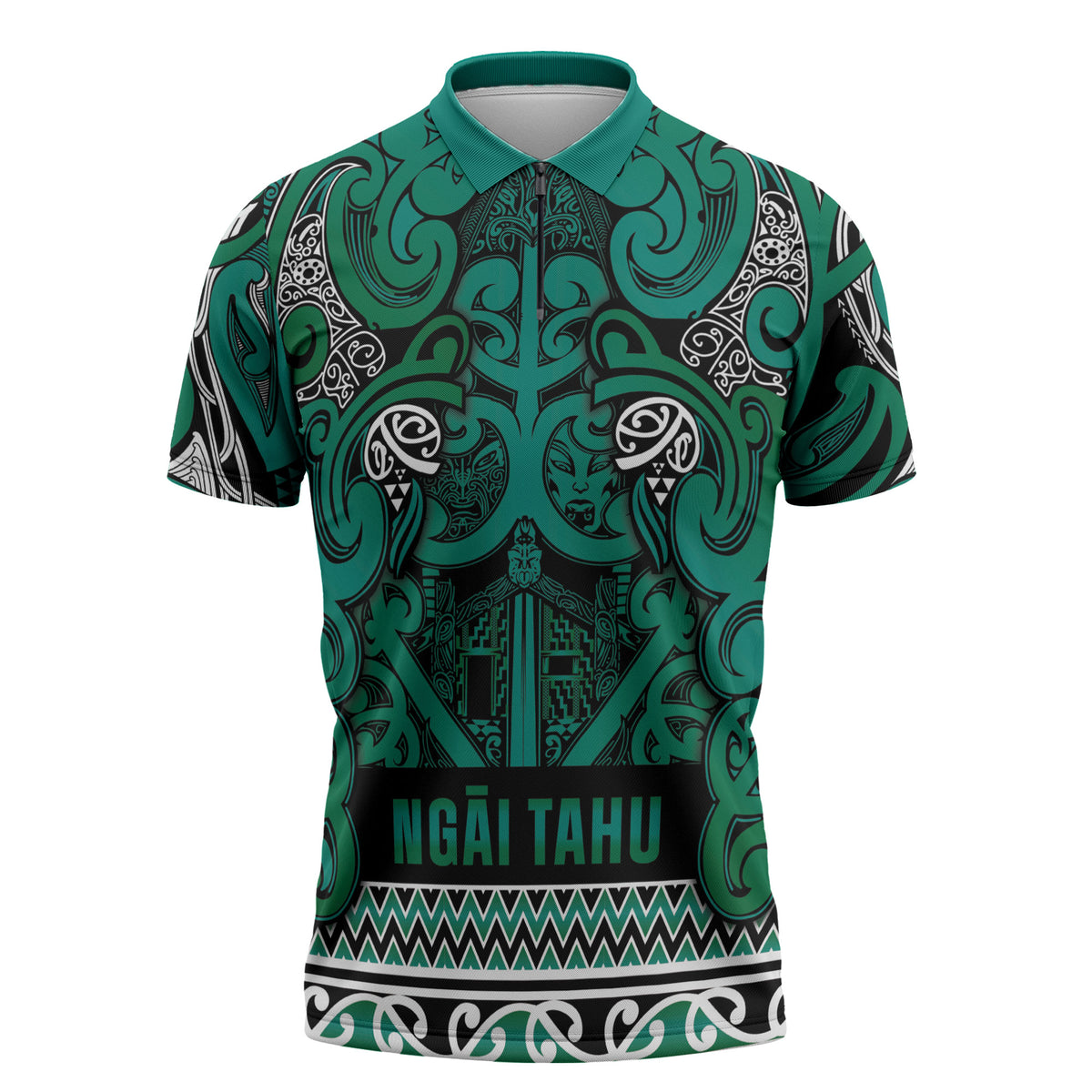 Aotearoa Iwi Ngai Tahu Zipper Polo Shirt Maori Wharenui House Tribal Pattern LT9 Turquoise - Polynesian Pride
