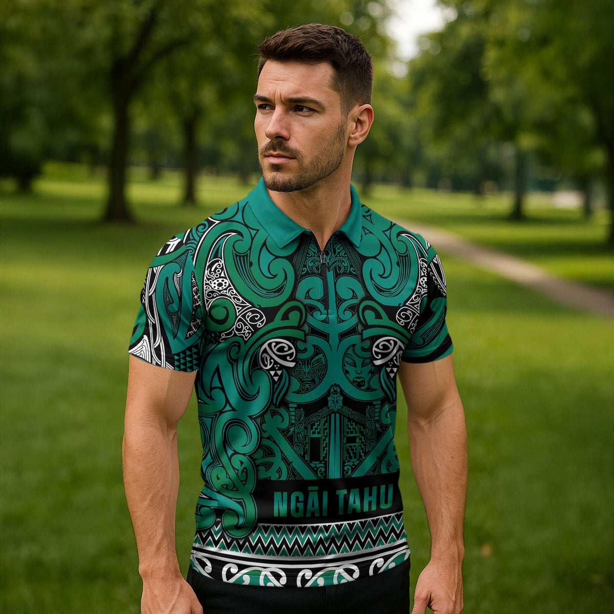 Aotearoa Iwi Ngai Tahu Zipper Polo Shirt Maori Wharenui House Tribal Pattern LT9 - Polynesian Pride