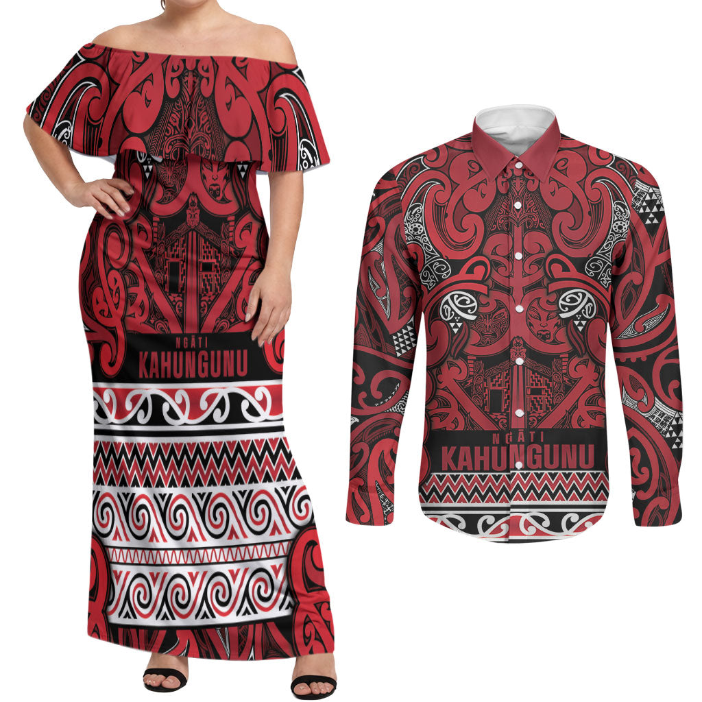 Aotearoa Iwi Ngati Kahungunu Couples Matching Off Shoulder Maxi Dress and Long Sleeve Button Shirt Maori Wharenui House Tribal Pattern LT9 Dark red - Polynesian Pride