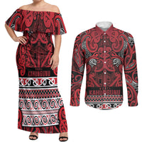 Aotearoa Iwi Ngati Kahungunu Couples Matching Off Shoulder Maxi Dress and Long Sleeve Button Shirt Maori Wharenui House Tribal Pattern LT9 Dark red - Polynesian Pride