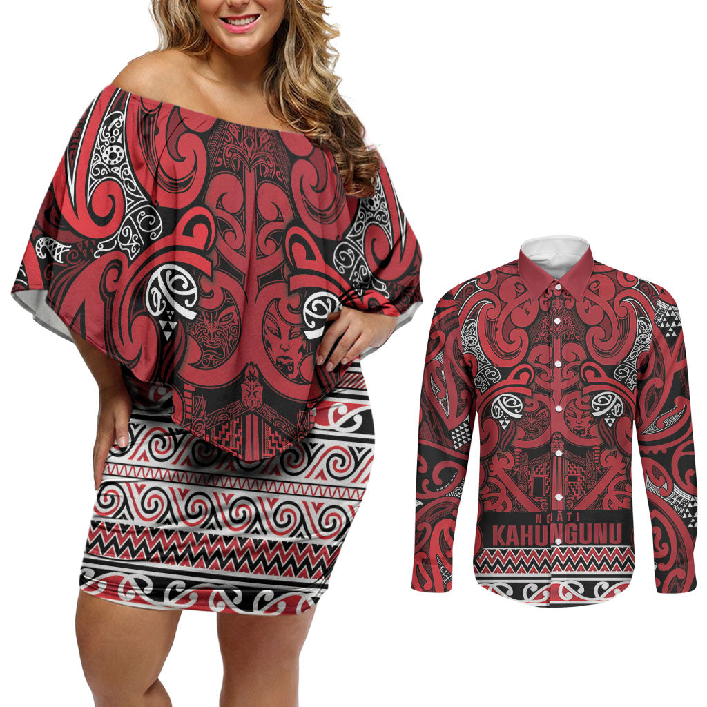 Aotearoa Iwi Ngati Kahungunu Couples Matching Off Shoulder Short Dress and Long Sleeve Button Shirt Maori Wharenui House Tribal Pattern LT9 Dark red - Polynesian Pride