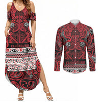 Aotearoa Iwi Ngati Kahungunu Couples Matching Summer Maxi Dress and Long Sleeve Button Shirt Maori Wharenui House Tribal Pattern LT9 Dark red - Polynesian Pride