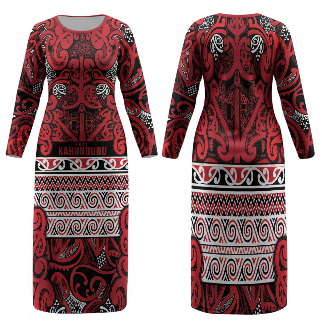 Aotearoa Iwi Ngati Kahungunu Family Matching Long Sleeve Bodycon Dress and Hawaiian Shirt Maori Wharenui House Tribal Pattern LT9 Mom's Dress Dark red - Polynesian Pride