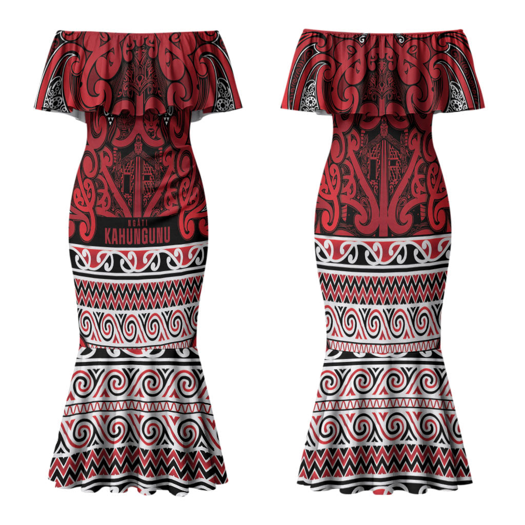 Aotearoa Iwi Ngati Kahungunu Family Matching Mermaid Dress and Hawaiian Shirt Maori Wharenui House Tribal Pattern LT9 Mom's Dress Dark red - Polynesian Pride