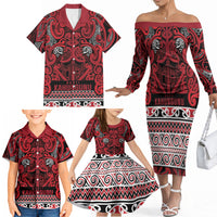 Aotearoa Iwi Ngati Kahungunu Family Matching Off The Shoulder Long Sleeve Dress and Hawaiian Shirt Maori Wharenui House Tribal Pattern LT9 - Polynesian Pride