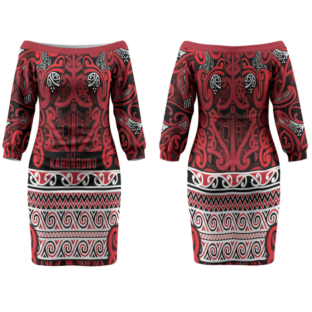 Aotearoa Iwi Ngati Kahungunu Family Matching Off The Shoulder Long Sleeve Dress and Hawaiian Shirt Maori Wharenui House Tribal Pattern LT9 Mom's Dress Dark red - Polynesian Pride