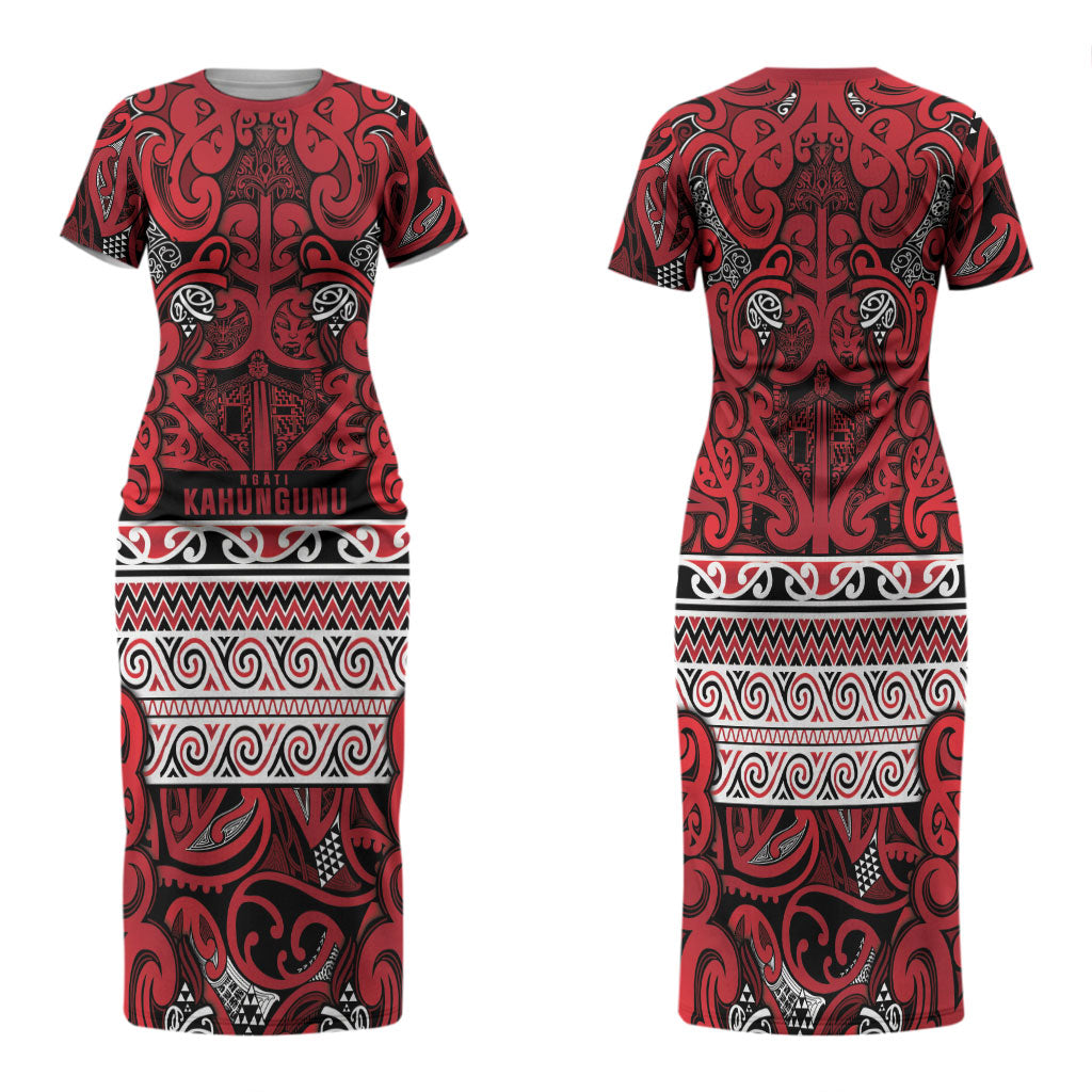 Aotearoa Iwi Ngati Kahungunu Family Matching Short Sleeve Bodycon Dress and Hawaiian Shirt Maori Wharenui House Tribal Pattern LT9 Mom's Dress Dark red - Polynesian Pride