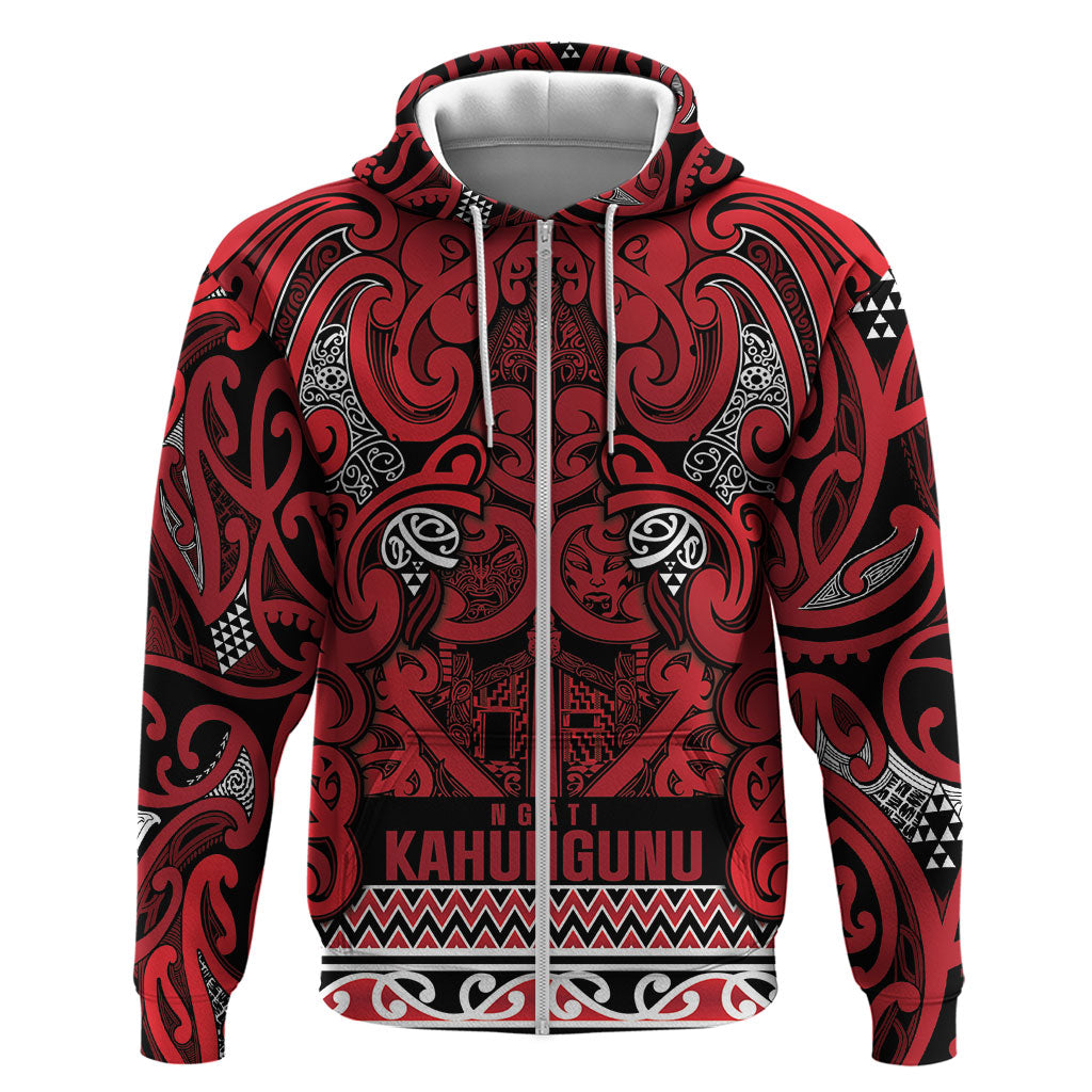Aotearoa Iwi Ngati Kahungunu Hoodie Maori Wharenui House Tribal Pattern LT9 Zip Hoodie Dark red - Polynesian Pride