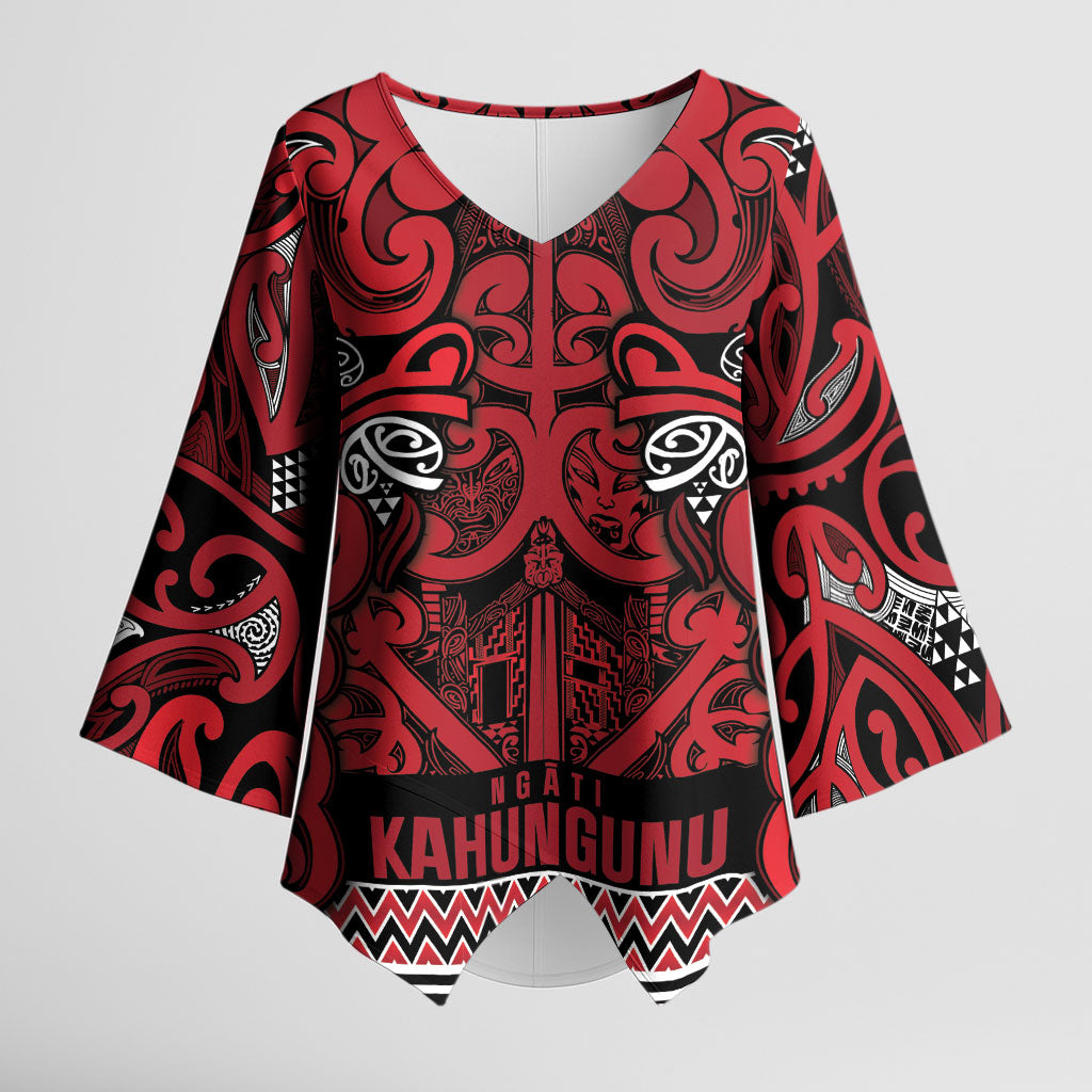 Aotearoa Iwi Ngati Kahungunu Kimono Sleeve Blouse Maori Wharenui House Tribal Pattern LT9 Female Dark red - Polynesian Pride