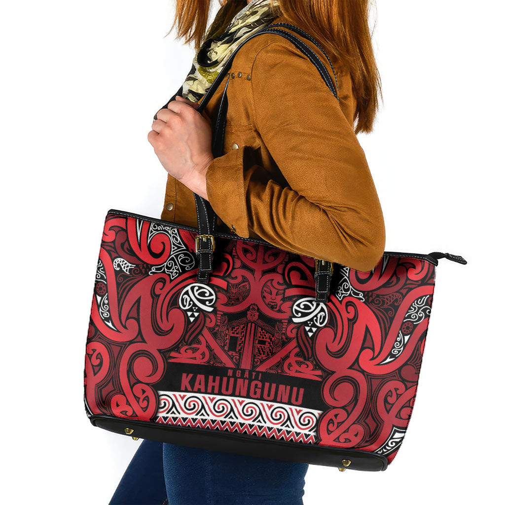 Aotearoa Iwi Ngati Kahungunu Leather Tote Bag Maori Wharenui House Tribal Pattern