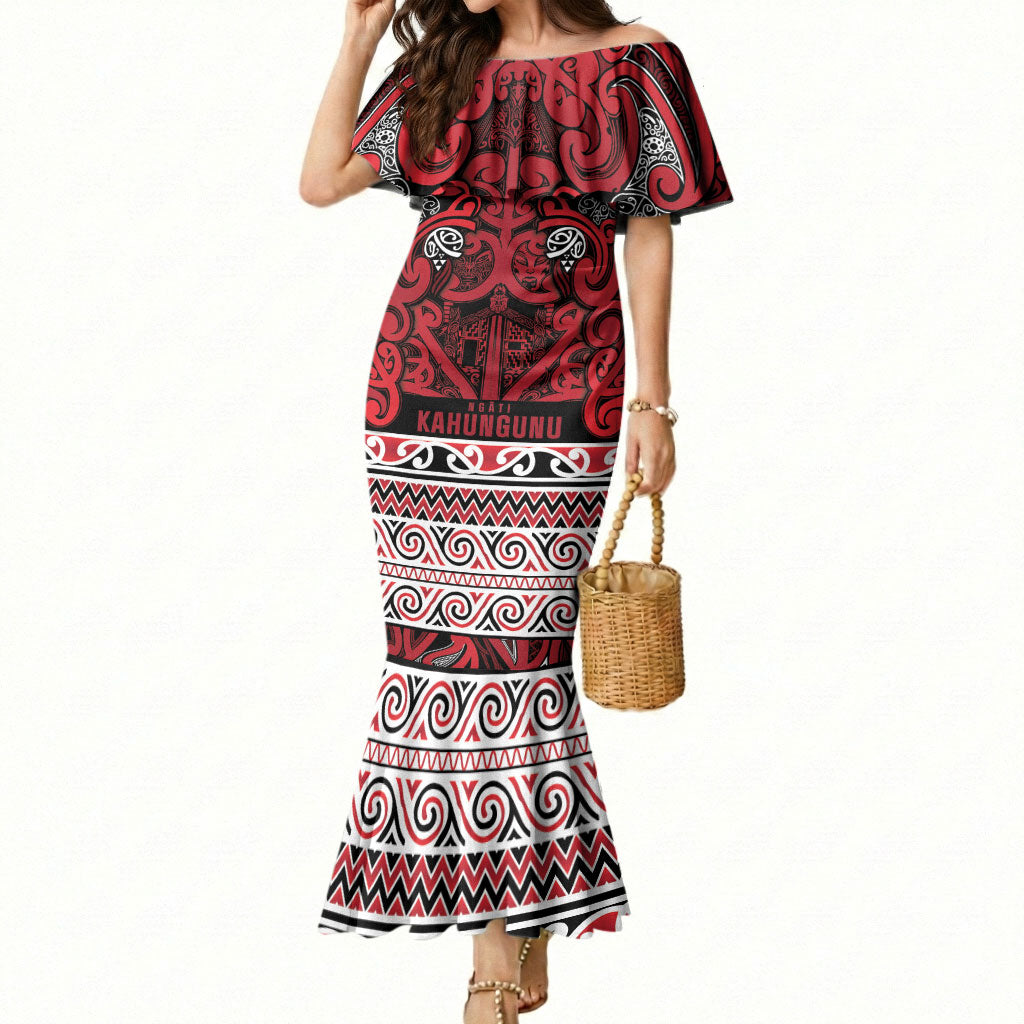 Aotearoa Iwi Ngati Kahungunu Mermaid Dress Maori Wharenui House Tribal Pattern LT9 Women Dark red - Polynesian Pride