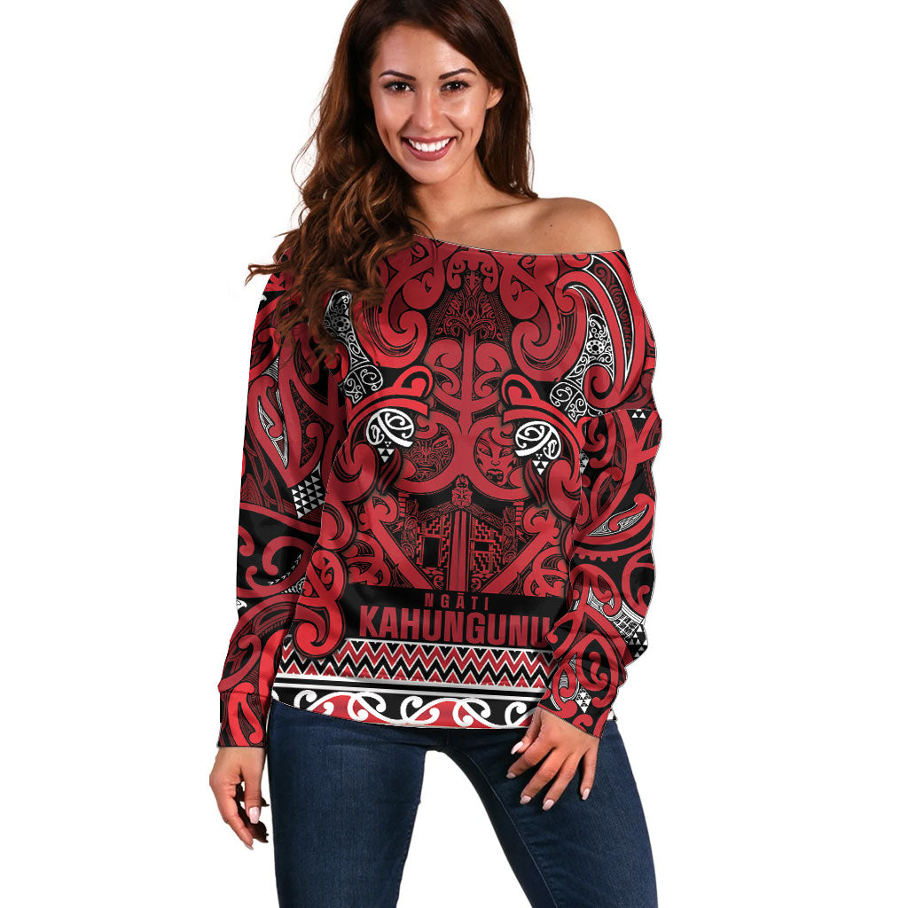 Aotearoa Iwi Ngati Kahungunu Off Shoulder Sweater Maori Wharenui House Tribal Pattern LT9 Women Dark red - Polynesian Pride