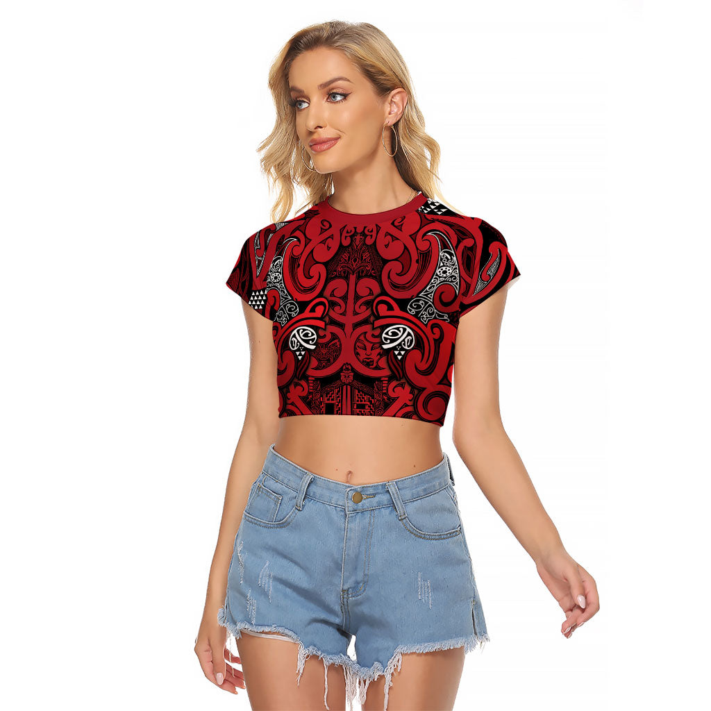 Aotearoa Iwi Ngati Kahungunu Raglan Cropped T Shirt Maori Wharenui House Tribal Pattern LT9 Female Dark red - Polynesian Pride
