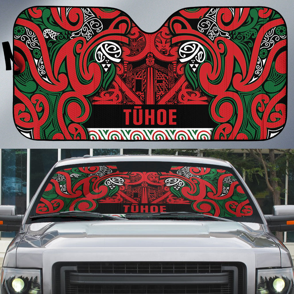Aotearoa Iwi Tuhoe Auto Sun Shade Maori Wharenui House Tribal Pattern LT9 Green Red - Polynesian Pride