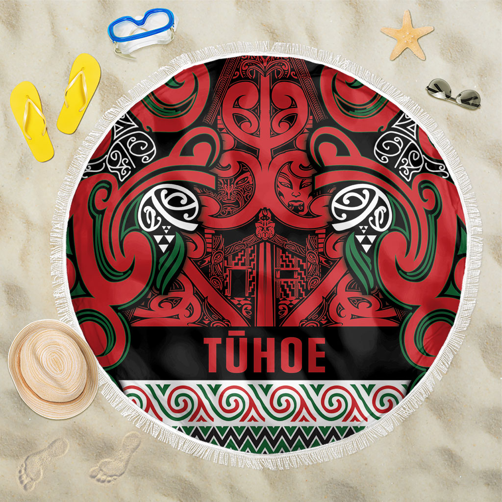Aotearoa Iwi Tuhoe Beach Blanket Maori Wharenui House Tribal Pattern LT9 One Size 150cm Green Red - Polynesian Pride