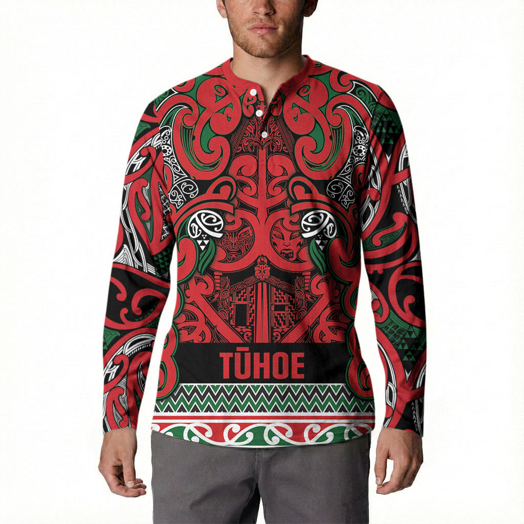 Aotearoa Iwi Tuhoe Button Sweatshirt Maori Wharenui House Tribal Pattern LT9 - Polynesian Pride