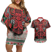 Aotearoa Iwi Tuhoe Couples Matching Off Shoulder Short Dress and Hawaiian Shirt Maori Wharenui House Tribal Pattern LT9 Green Red - Polynesian Pride