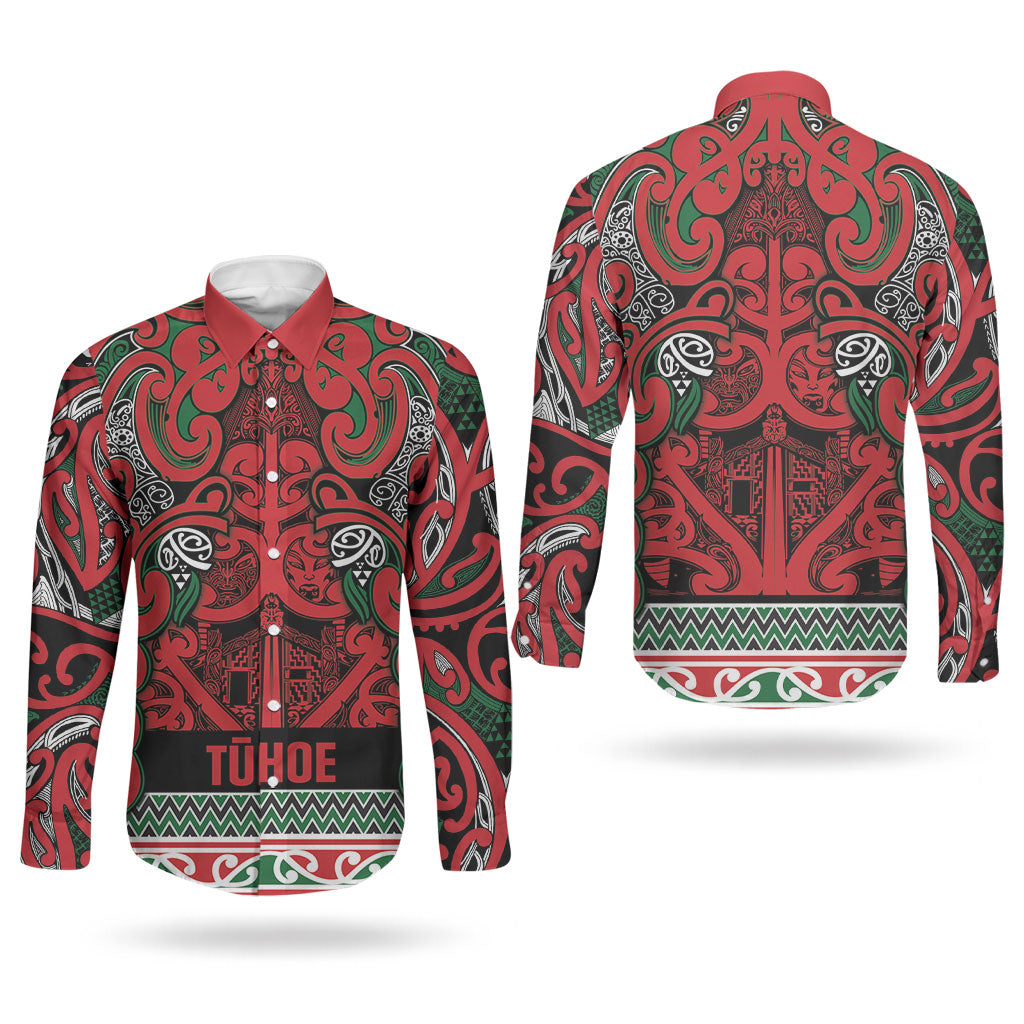 Aotearoa Iwi Tuhoe Couples Matching Puletasi and Long Sleeve Button Shirt Maori Wharenui House Tribal Pattern LT9 - Polynesian Pride