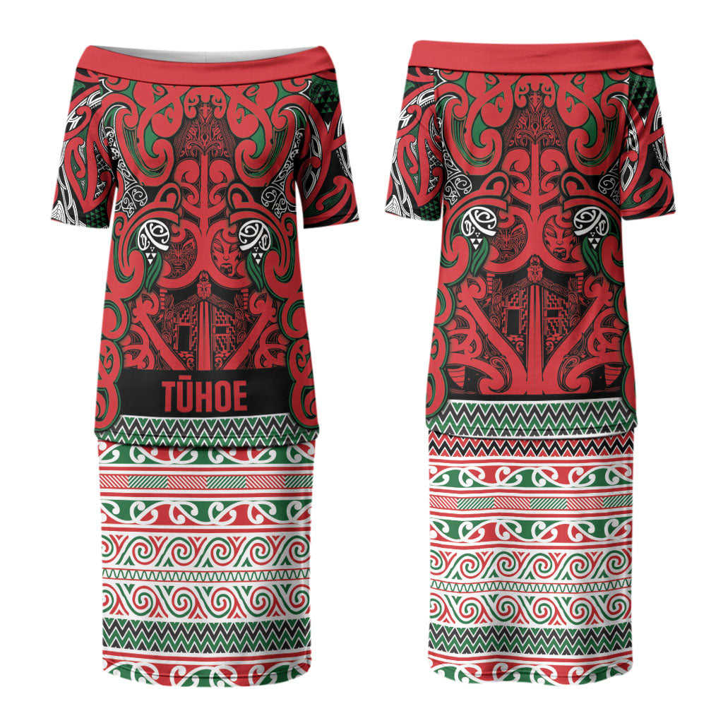 Aotearoa Iwi Tuhoe Couples Matching Puletasi and Long Sleeve Button Shirt Maori Wharenui House Tribal Pattern LT9 - Polynesian Pride