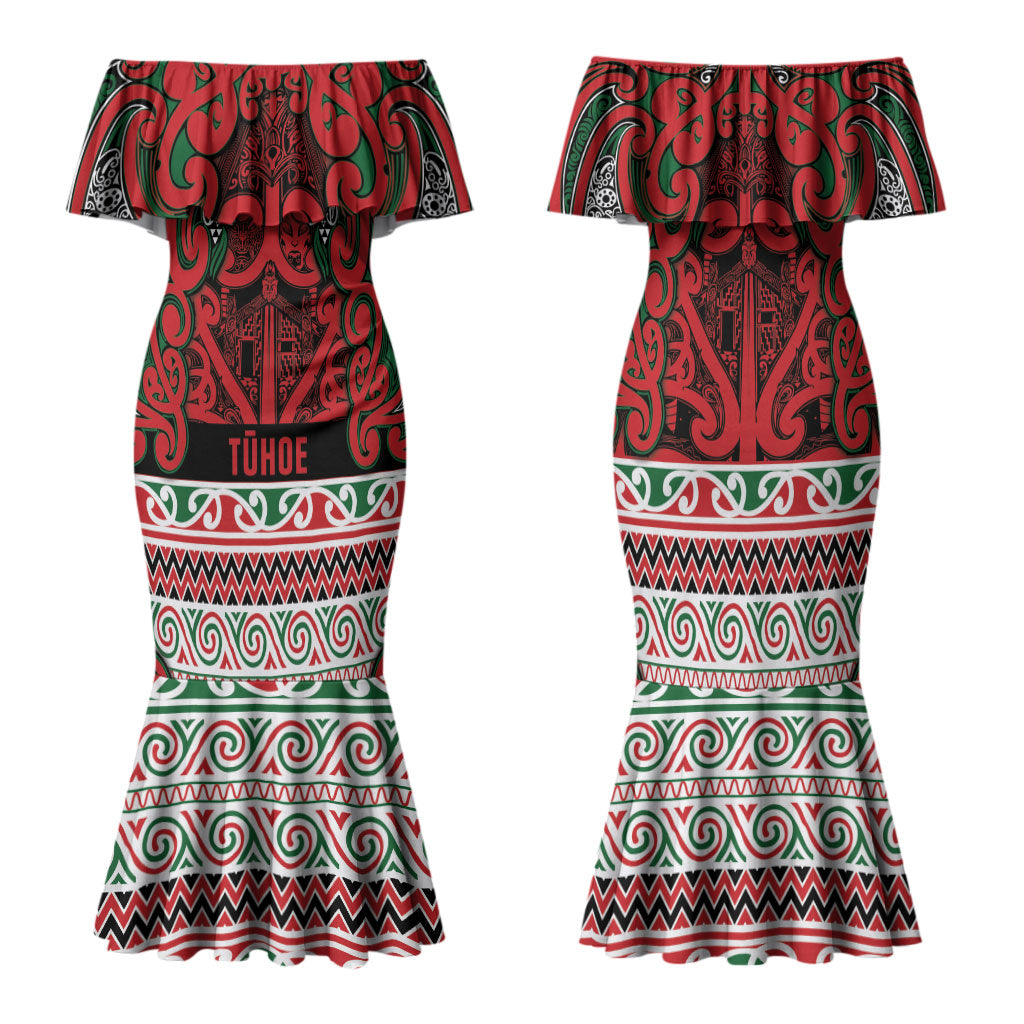 Aotearoa Iwi Tuhoe Family Matching Mermaid Dress and Hawaiian Shirt Maori Wharenui House Tribal Pattern LT9 Mom's Dress Green Red - Polynesian Pride