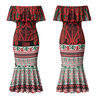 Aotearoa Iwi Tuhoe Family Matching Mermaid Dress and Hawaiian Shirt Maori Wharenui House Tribal Pattern LT9 Mom's Dress Green Red - Polynesian Pride