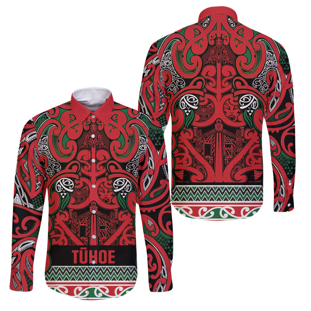 Aotearoa Iwi Tuhoe Family Matching Mermaid Dress and Hawaiian Shirt Maori Wharenui House Tribal Pattern LT9 Dad's Shirt - Long Sleeve Green Red - Polynesian Pride