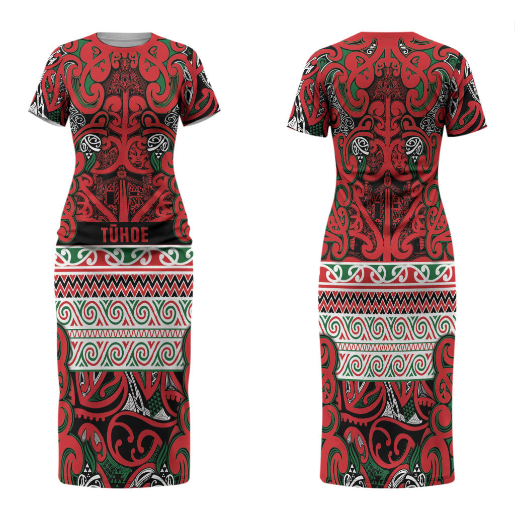 Aotearoa Iwi Tuhoe Family Matching Short Sleeve Bodycon Dress and Hawaiian Shirt Maori Wharenui House Tribal Pattern LT9 Mom's Dress Green Red - Polynesian Pride