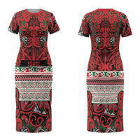 Aotearoa Iwi Tuhoe Family Matching Short Sleeve Bodycon Dress and Hawaiian Shirt Maori Wharenui House Tribal Pattern LT9 Mom's Dress Green Red - Polynesian Pride
