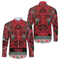 Aotearoa Iwi Tuhoe Family Matching Short Sleeve Bodycon Dress and Hawaiian Shirt Maori Wharenui House Tribal Pattern LT9 Dad's Shirt - Long Sleeve Green Red - Polynesian Pride
