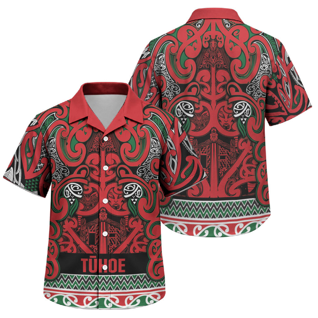 Aotearoa Iwi Tuhoe Family Matching Short Sleeve Bodycon Dress and Hawaiian Shirt Maori Wharenui House Tribal Pattern LT9 Son's Shirt Green Red - Polynesian Pride