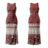 Aotearoa Iwi Tuhoe Family Matching Tank Maxi Dress and Hawaiian Shirt Maori Wharenui House Tribal Pattern LT9 Mom's Dress Green Red - Polynesian Pride