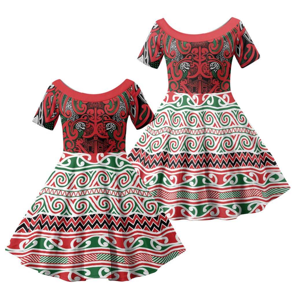 Aotearoa Iwi Tuhoe Family Matching Tank Maxi Dress and Hawaiian Shirt Maori Wharenui House Tribal Pattern LT9 Daughter's Dress Green Red - Polynesian Pride